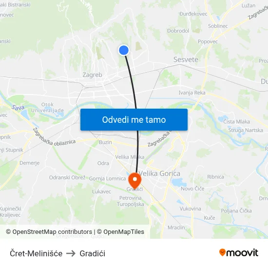Čret-Melinišće to Gradići map