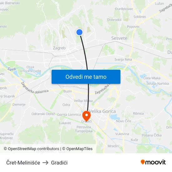 Čret-Melinišće to Gradići map