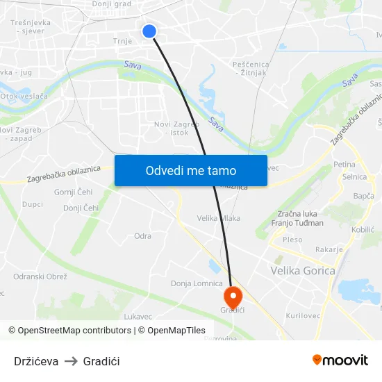 Držićeva to Gradići map