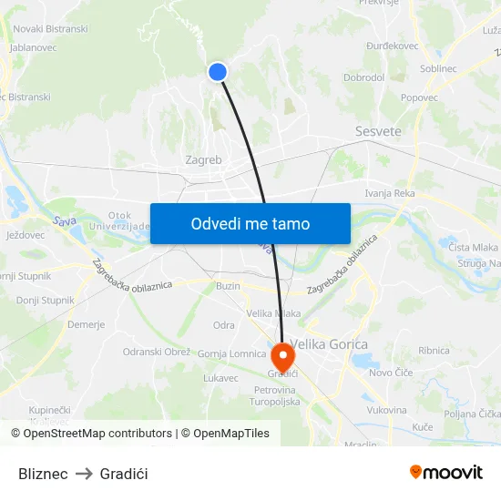 Bliznec to Gradići map