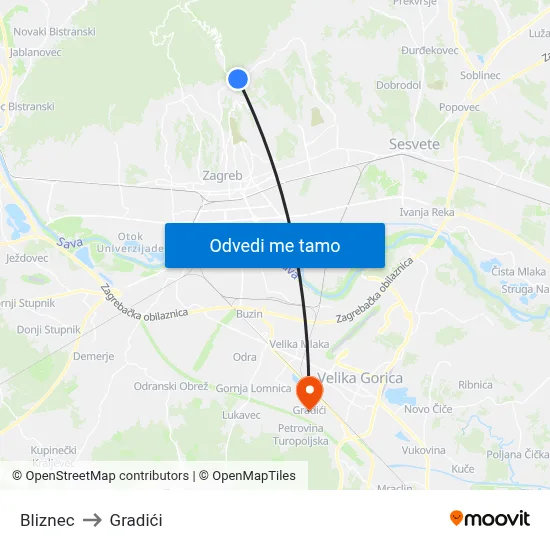 Bliznec to Gradići map