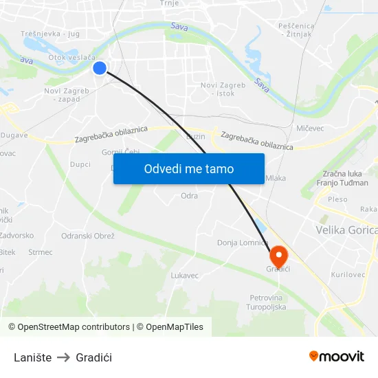 Lanište to Gradići map
