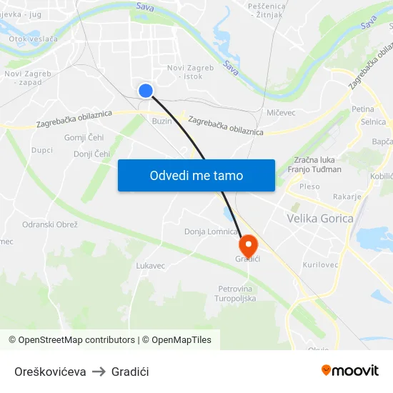 Oreškovićeva to Gradići map