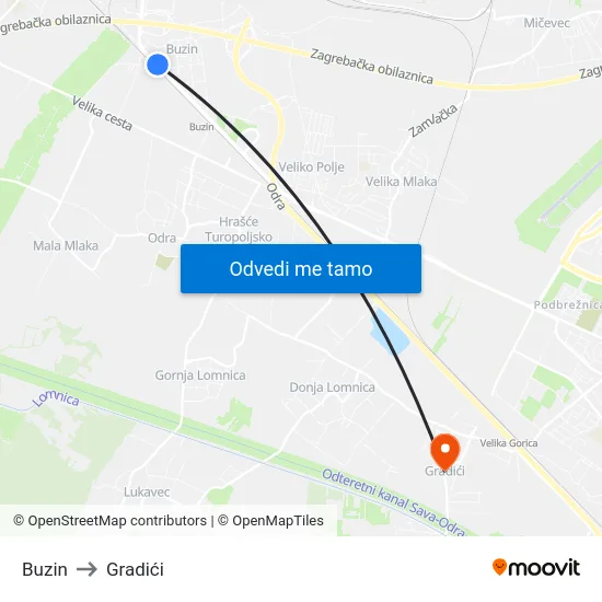 Buzin to Gradići map