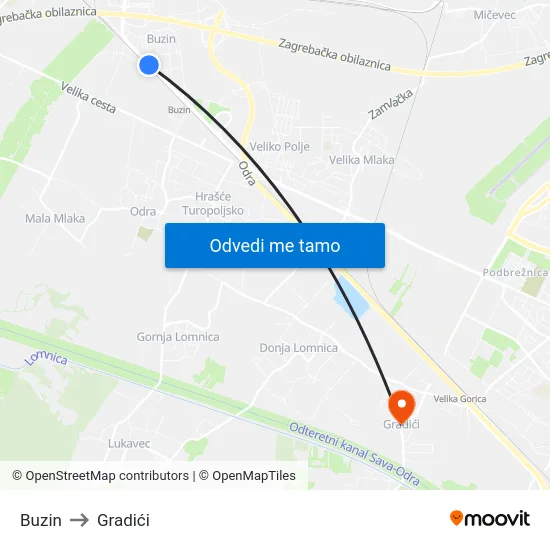 Buzin to Gradići map