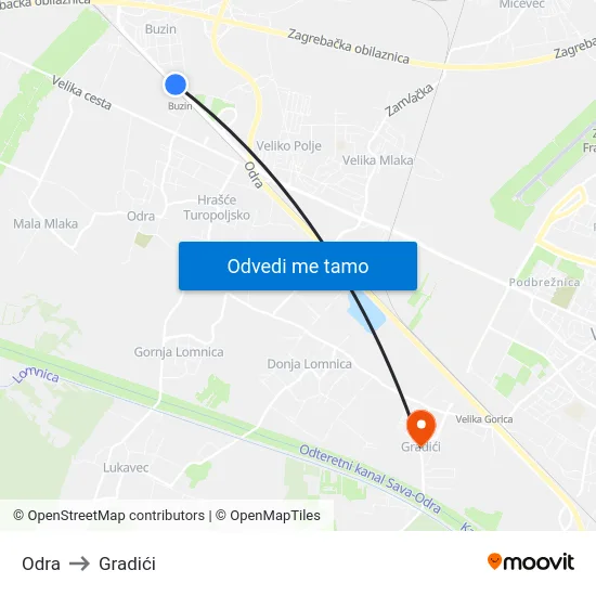Odra to Gradići map
