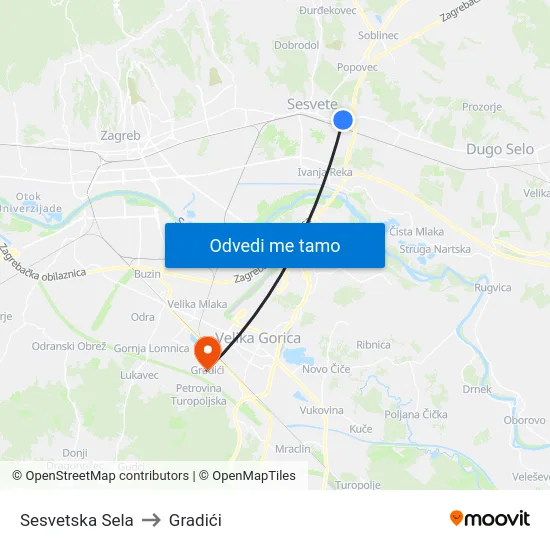 Sesvetska Sela to Gradići map