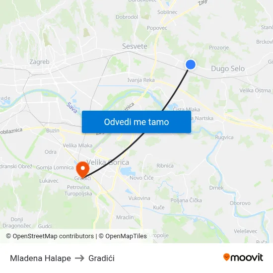 Mladena Halape to Gradići map