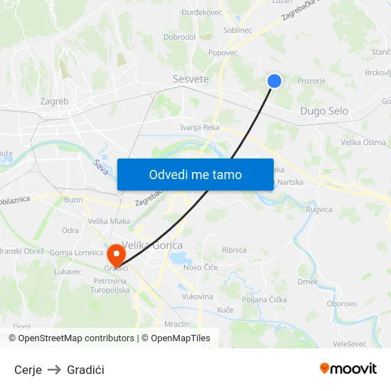 Cerje to Gradići map