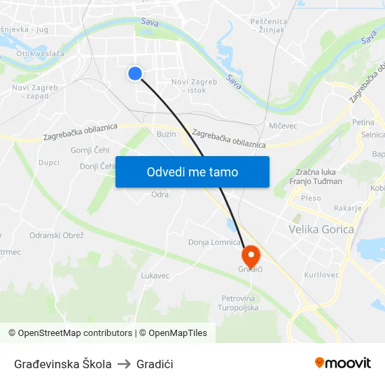 Građevinska Škola to Gradići map