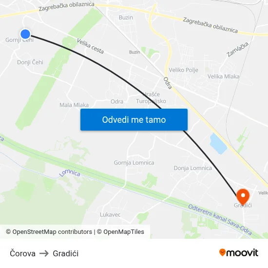 Čorova to Gradići map
