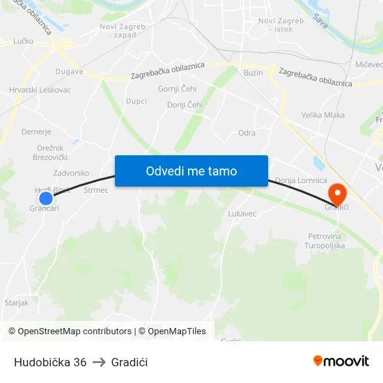 Hudobička 36 to Gradići map