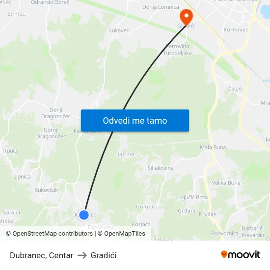 Dubranec, Centar to Gradići map