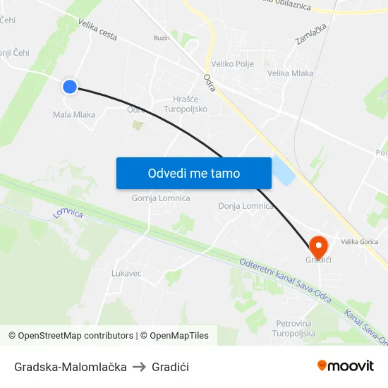 Gradska-Malomlačka to Gradići map