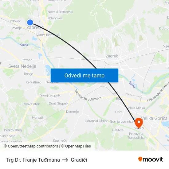 Trg Dr. Franje Tuđmana to Gradići map
