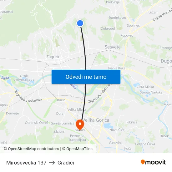 Miroševečka 137 to Gradići map