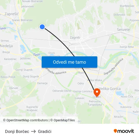 Donji Borčec to Gradići map