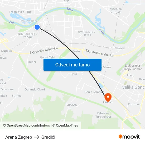 Arena Zagreb to Gradići map