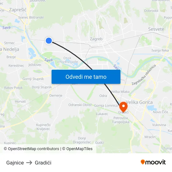 Gajnice to Gradići map