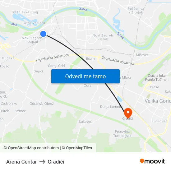 Arena Centar to Gradići map