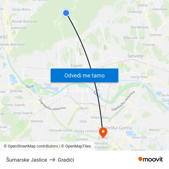Šumarske Jaslice to Gradići map