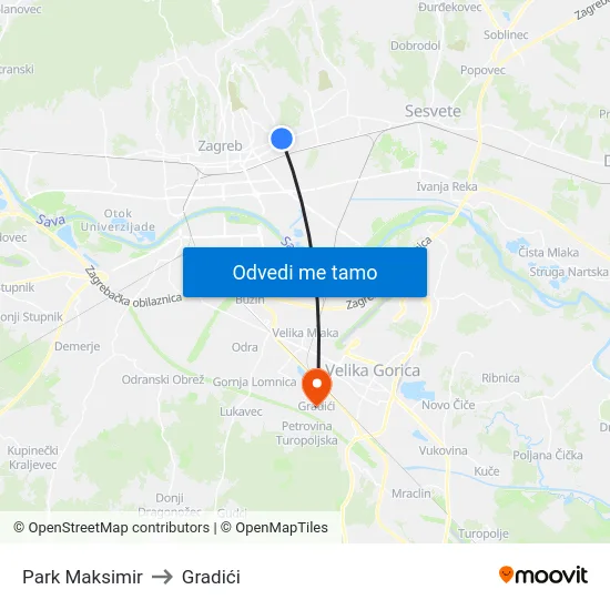 Park Maksimir to Gradići map