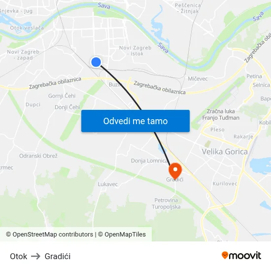 Otok to Gradići map