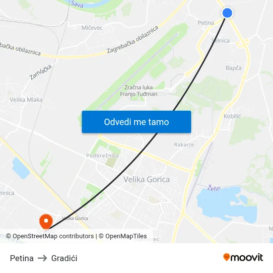 Petina to Gradići map