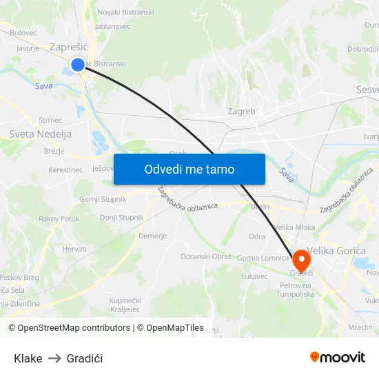Klake to Gradići map