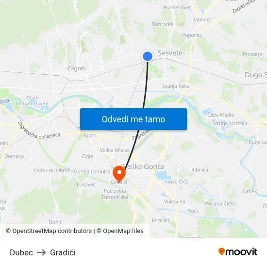Dubec to Gradići map