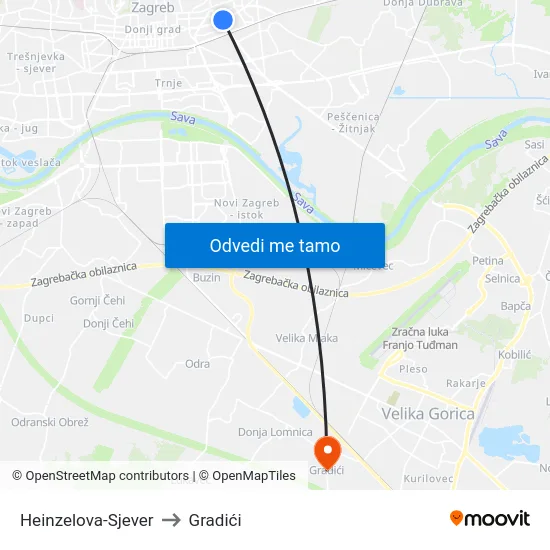 Heinzelova-Sjever to Gradići map