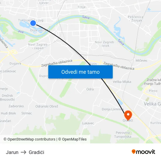 Jarun to Gradići map