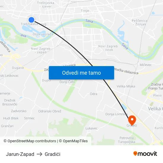 Jarun-Zapad to Gradići map