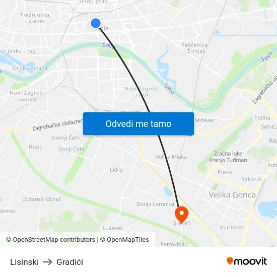 Lisinski to Gradići map