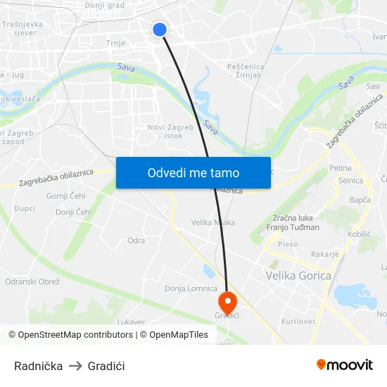 Radnička to Gradići map