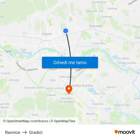 Ravnice to Gradići map