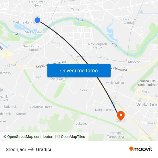 Srednjaci to Gradići map