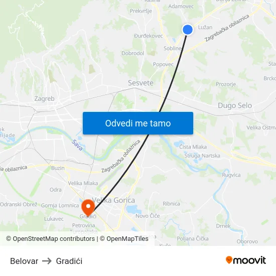 Belovar to Gradići map