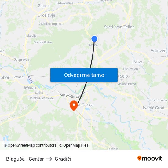 Blaguša - Centar to Gradići map