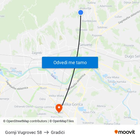 Gornji Vugrovec 58 to Gradići map