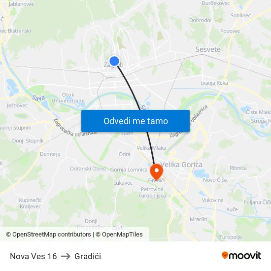 Nova Ves 16 to Gradići map