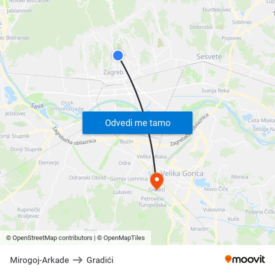 Mirogoj-Arkade to Gradići map