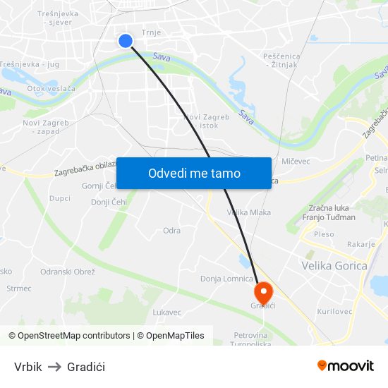 Vrbik to Gradići map
