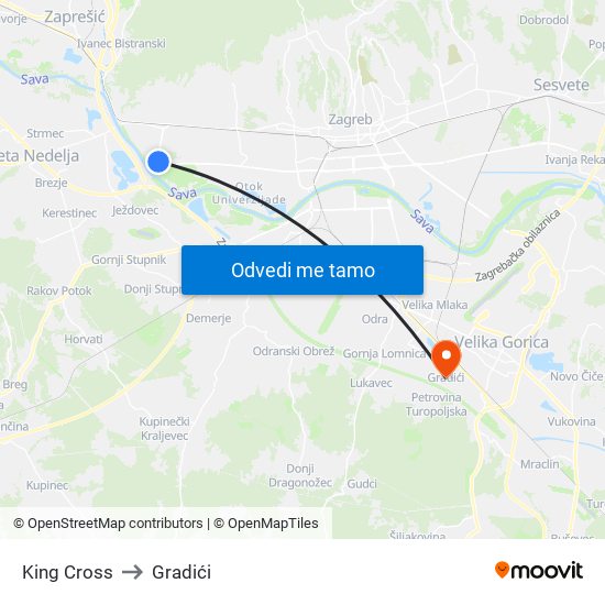 King Cross to Gradići map