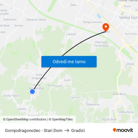 Gornjodragonožec - Stari Dom to Gradići map