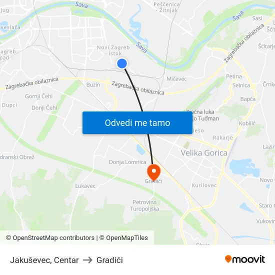 Jakuševec, Centar to Gradići map