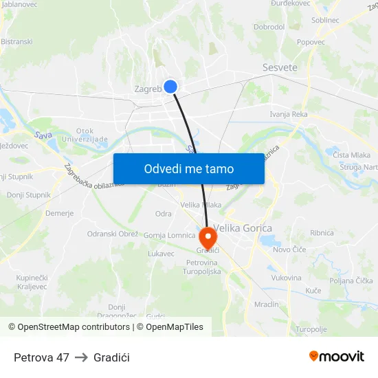 Petrova 47 to Gradići map