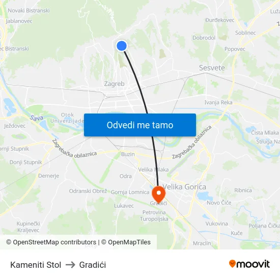 Kameniti Stol to Gradići map