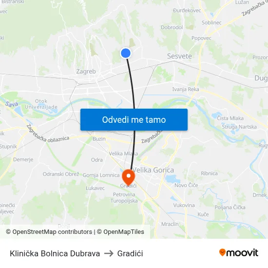Klinička Bolnica Dubrava to Gradići map
