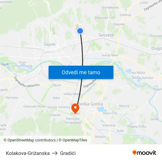 Kolakova-Grižanska to Gradići map